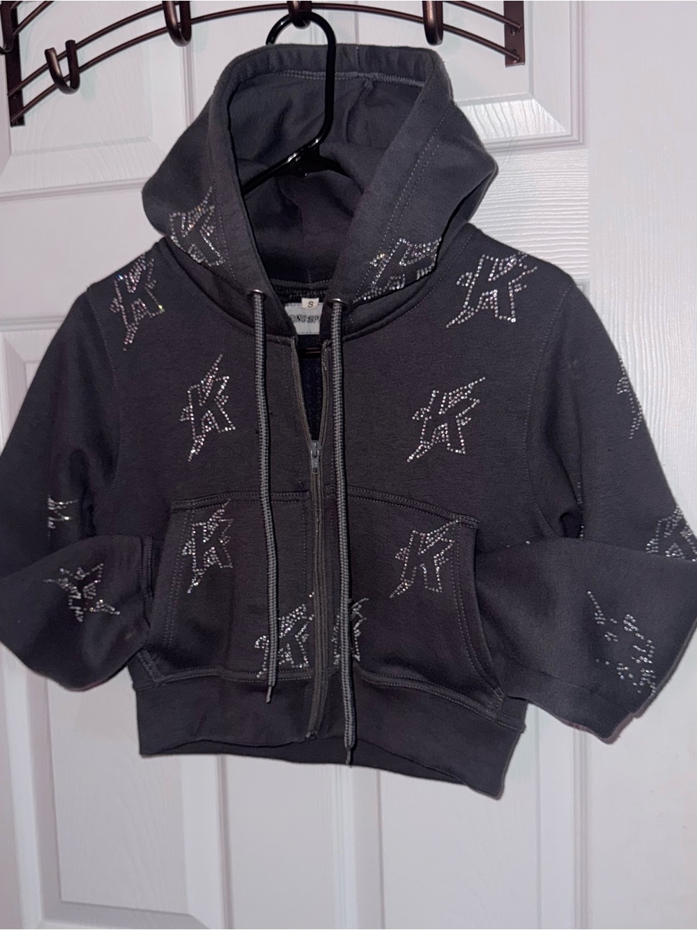 Dark Gray Rhinestone Cropped Zip-Up Hoodie Y2K Fairy Grunge